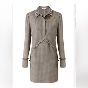 Mango shirt dress houndstooth collared chunky embellishments brown size 8